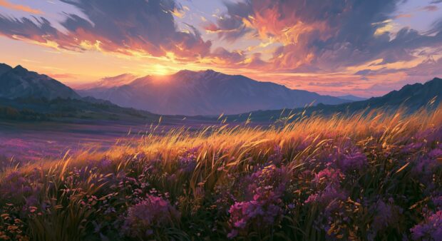 A beautiful sunset wallpaper featuring a mountain range with golden fields and purple flowers