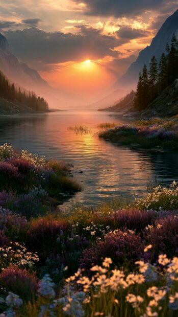 A beautiful Sunset Wallpaper depicting a mountain lake with vibrant wildflowers in the foreground and misty peaks in the background