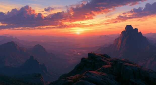 An epic sunset wallpaper showcasing a vast mountain range landscape bathed in the warm glow of an orange and purple sky