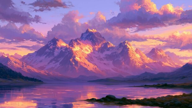 A breathtaking sunset wallpaper showcasing snow-capped mountains reflecting in a calm lake under a colorful sky