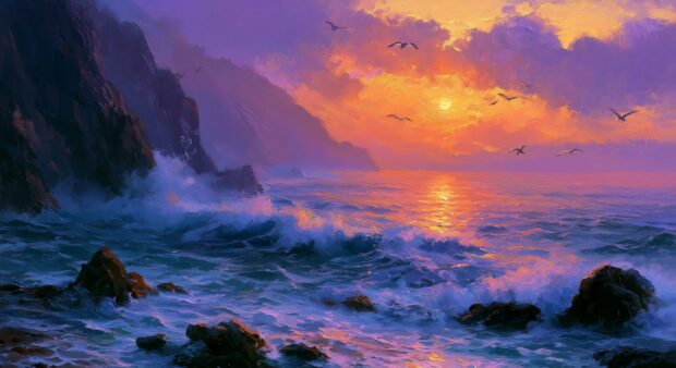 A dramatic ocean Sunset Wallpaper showing powerful waves crashing against rocky cliffs, with a vibrant orange and purple sky and birds flying overhead