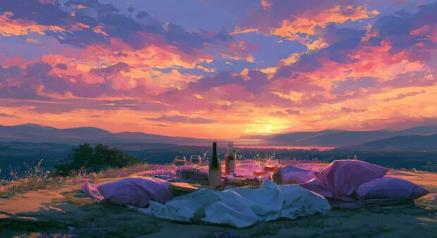 An artistic sunset wallpaper depicting a cozy picnic setup with wine and pillows on a hill overlooking a valley