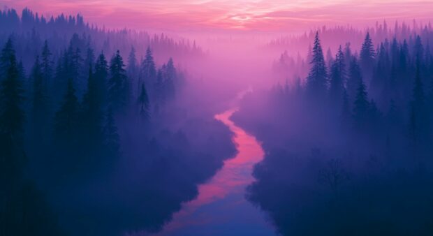 An ethereal Sunset Wallpaper of a misty forest with a winding river, bathed in striking purple and pink hues