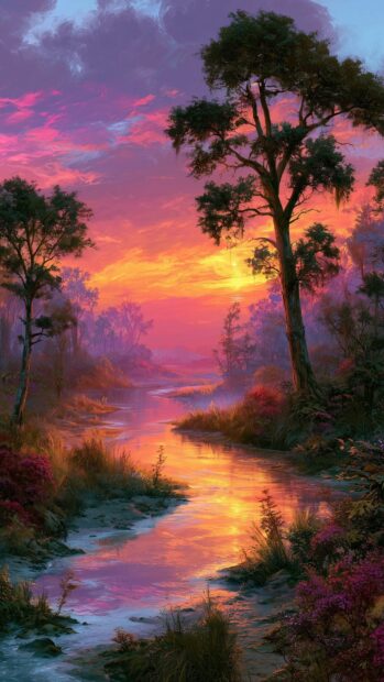 A beautiful Sunset Wallpaper showing a tranquil river flowing through a mystical forest with a vibrant pink and orange sky