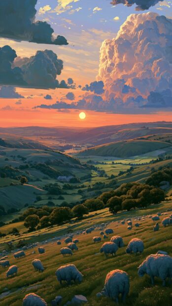 A scenic Sunset Wallpaper of rolling green hills with grazing sheep under a dramatic sky with large, colorful clouds