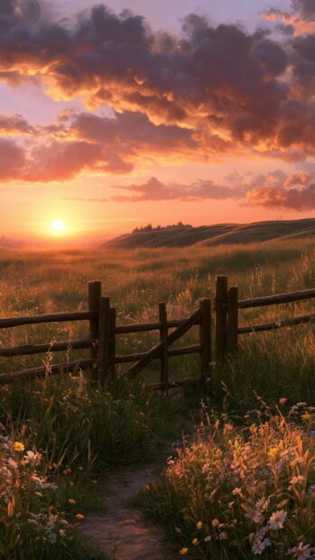 A warm Sunset Wallpaper featuring a rustic wooden fence and gate in a golden grassy field