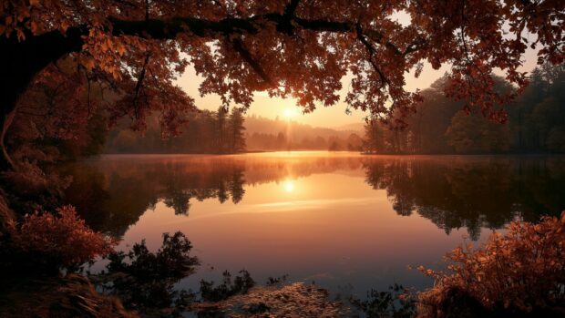A serene Sunset Wallpaper featuring a tranquil lake surrounded by autumn trees with orange leaves, reflecting the sun's glow
