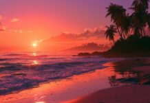 A stunning tropical beach Sunset Wallpaper with vibrant orange and pink sky, gentle waves, and palm trees silhouetted on the right