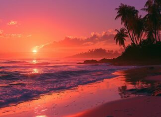 A stunning tropical beach Sunset Wallpaper with vibrant orange and pink sky, gentle waves, and palm trees silhouetted on the right