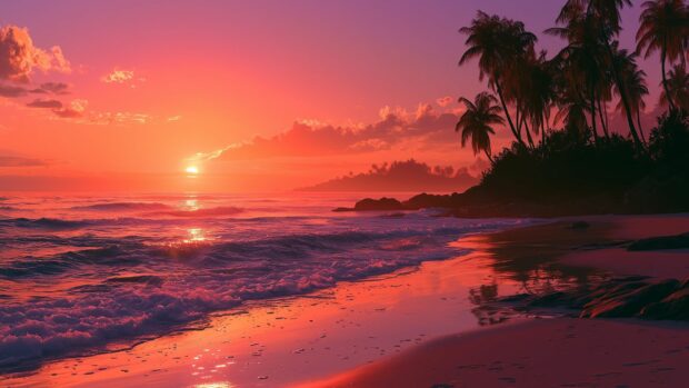 A stunning tropical beach Sunset Wallpaper with vibrant orange and pink sky, gentle waves, and palm trees silhouetted on the right