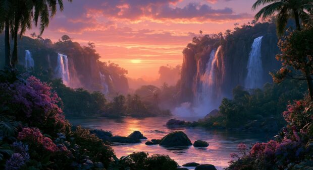 A vibrant sunset wallpaper depicting tropical waterfalls flowing into a calm river surrounded by lush greenery