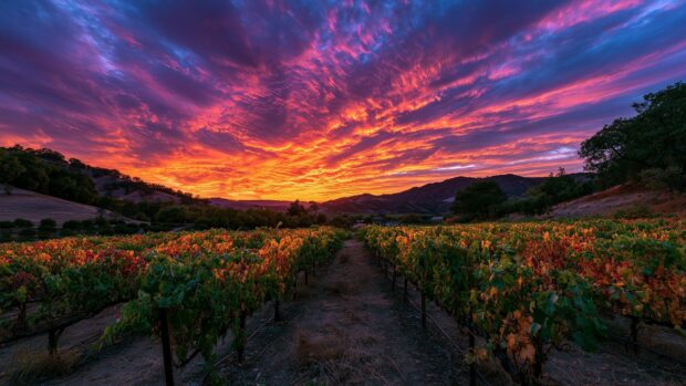 A stunning sunset wallpaper featuring a vibrant vineyard under a fiery orange and purple sky