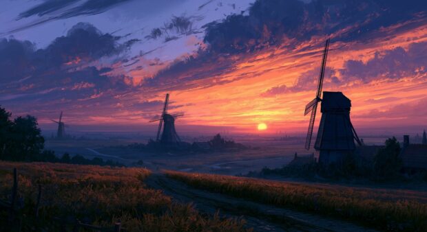 A picturesque sunset wallpaper featuring old windmills standing in a golden field under a dramatic orange sky