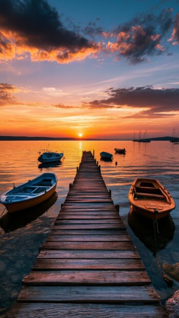 A beautiful sunset wallpaper showing a wooden pier stretching into calm water with small boats floating nearby