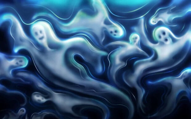 A 3D Halloween Wallpaper featuring ethereal blue glowing ghosts and swirling spooky spirits in a dark background