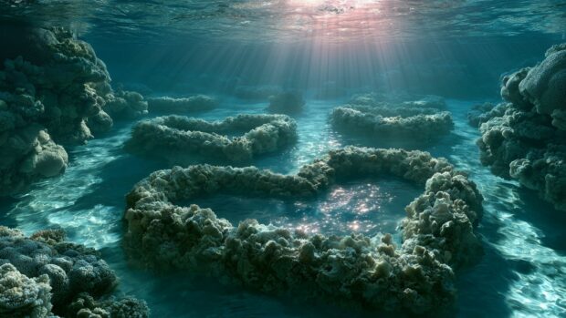 An ethereal Heart Wallpaper showcasing underwater coral formations naturally shaped like hearts on the ocean floor, with sunlight rays filtering through