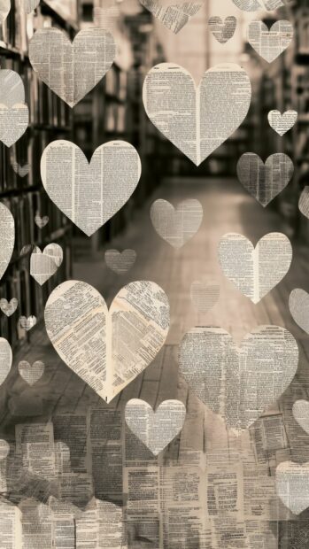 A unique heart wallpaper featuring vintage hearts crafted from old book pages, floating in a blurred library background