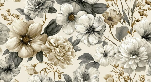 Flower Wallpaper featuring a seamless vintage floral pattern with white and beige blooms
