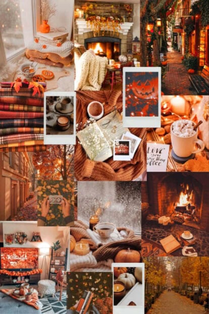 A warm Fall Collage Wallpaper showcasing cozy fireplaces, hot drinks, autumn street scenes, blankets, and pumpkin decorations, ideal for mobile phones
