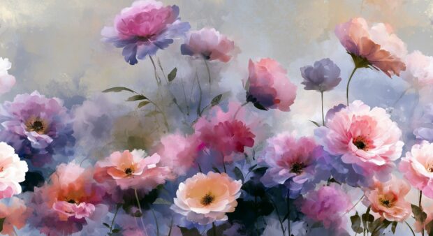 A beautiful watercolor flower wallpaper featuring a field of pink and purple blooms with soft pastel hues