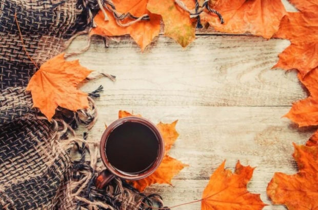 Cozy Fall Desktop Wallpaper showcasing a wooden background framed by orange autumn leaves, a plaid blanket, and a cup of coffee