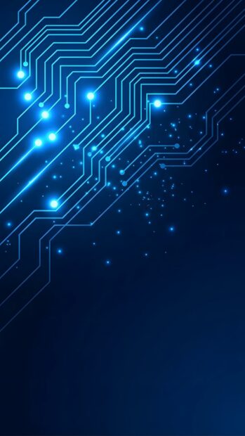 An abstract digital wallpaper showcasing glowing blue circuit board lines and scattered light particles against a dark blue background