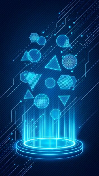 A dark blue abstract digital wallpaper showing glowing blue circuit lines and geometric shapes like triangles and hexagons, creating a futuristic tech background