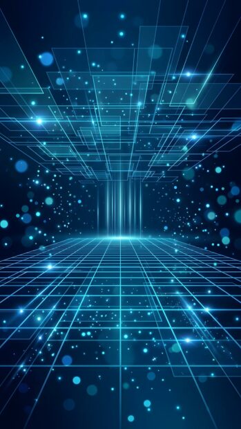 This abstract digital wallpaper blue displays a futuristic grid of glowing lines and sparkling particles receding into perspective. It's an excellent background for modern mobile devices