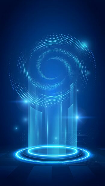 An abstract digital wallpaper in blue showcasing a futuristic glowing platform with light rays emanating upwards, topped by a swirling pattern of blue dots. This abstract digital wallpaper blue design is ideal for mobile screens