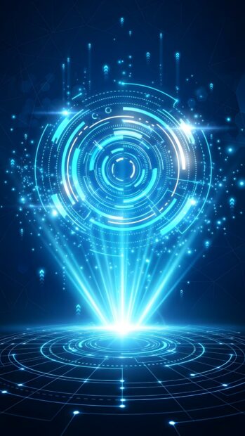 An abstract digital wallpaper in blue displaying a vibrant glowing sci-fi target or HUD element at the center, emitting bright light rays against a dark blue grid background. This abstract digital wallpaper blue design is perfect for tech enthusiasts