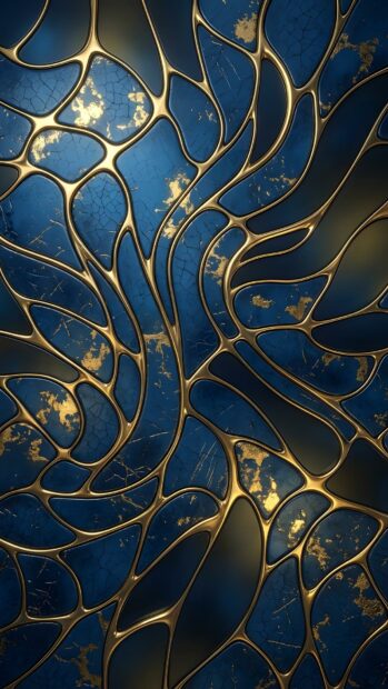 This abstract digital wallpaper features a striking blue and gold organic pattern, resembling cracked marble or stained glass with intricate, flowing gold lines. It is a unique abstract digital wallpaper blue background