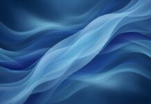 This abstract digital wallpaper displays intricate layered fluid waves in various shades of blue, offering a dynamic and elegant desktop background