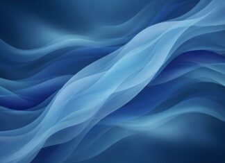 This abstract digital wallpaper displays intricate layered fluid waves in various shades of blue, offering a dynamic and elegant desktop background