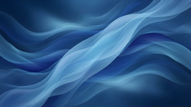 This abstract digital wallpaper displays intricate layered fluid waves in various shades of blue, offering a dynamic and elegant desktop background