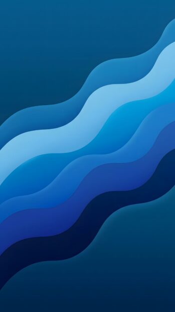 This abstract digital wallpaper features elegant, undulating blue layered waves, transitioning smoothly from dark navy to lighter shades of blue