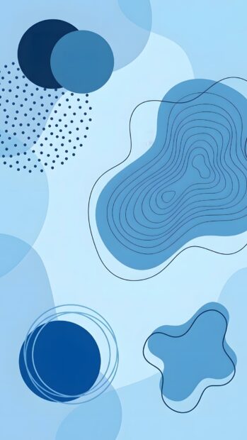 A minimalist abstract digital wallpaper in light blue featuring various geometric and organic shapes in different shades of blue, including circles, dotted patterns, and contoured blobs. This is a clean abstract digital wallpaper blue option