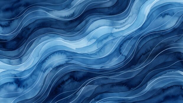 This abstract digital wallpaper features blue watercolor waves with flowing lines and varying shades of deep and light blue. It is an ideal background for desktop devices