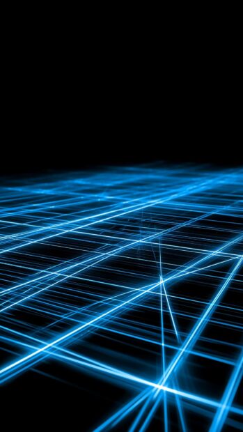 Abstract Lines Wallpaper Blue featuring glowing blue grid lines on a dark black background, creating a digital tunnel effect