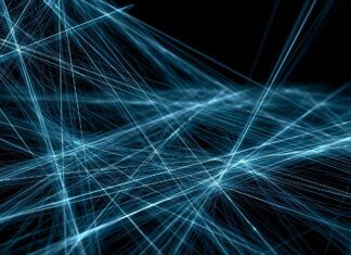 Abstract Lines Wallpaper Blue featuring a complex network of glowing blue lines on a dark background