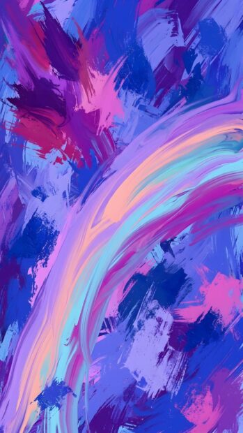 An artistic abstract lines wallpaper showcasing energetic blue, purple, and pink brush strokes with a central colorful arc. This vibrant background is great for mobile devices
