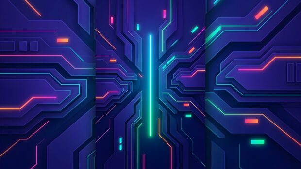 This Abstract Lines Wallpaper Blue Purple features a futuristic circuit board design with glowing neon lines in blue, purple, pink, and orange. It's a high-quality tech-inspired background