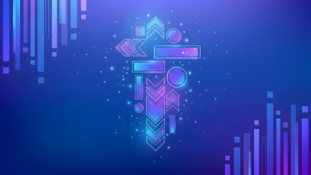 This Abstract Lines Wallpaper Blue Purple features glowing geometric shapes like arrows and circles surrounded by sparkling particles against a deep blue gradient background. Vertical blue and purple bars frame the sides, creating a dynamic desktop background