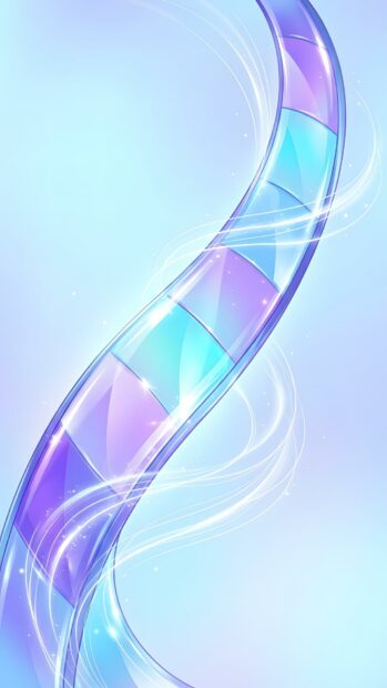 An abstract lines wallpaper depicting a glossy, translucent glass ribbon with glowing blue and purple segments on a light blue background. This elegant design is perfect for mobile