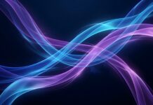 An Abstract Lines Wallpaper Blue Purple featuring elegant, glowing wavy lines in blue and purple, gracefully intertwined against a dark background with subtle star-like particles