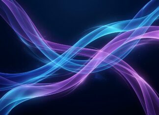 An Abstract Lines Wallpaper Blue Purple featuring elegant, glowing wavy lines in blue and purple, gracefully intertwined against a dark background with subtle star-like particles