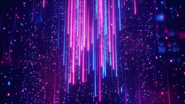 This Abstract Lines Wallpaper Blue Purple displays vibrant neon light streaks and scattered particles in bright pink and blue against a dark background, creating a dynamic digital effect