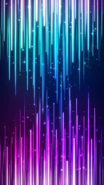 A vibrant Abstract Lines Wallpaper Blue Purple showcasing vertical glowing light streaks resembling rain, with sparkling particles. The top half features bright blue and cyan lines, transitioning to vivid purple and magenta lines at the bottom