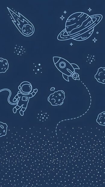 A cute abstract space wallpaper blue cartoon featuring an astronaut, rocket, and planets floating in a starry sky