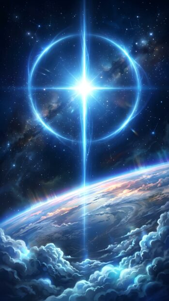 A stunning abstract space wallpaper blue featuring a bright celestial light beam over a planet with glowing clouds