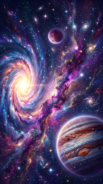 A vibrant Abstract Space Wallpaper Blue featuring a colorful spiral galaxy, two distinct planets, and a star-filled cosmic background
